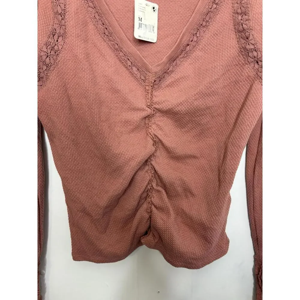 Free People Shirt Womens Medium Thermal Mesh Long Sleeve Ruched Ballet Rose